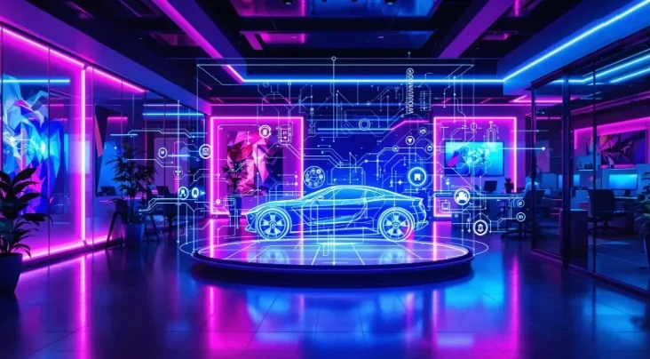 Holographic 3D model of a product being designed with AI in a futuristic studio